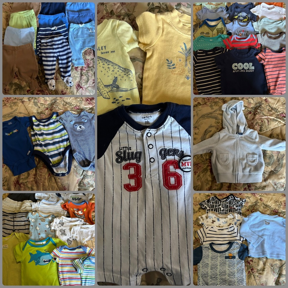 Baby Boy Clothing 53 pcs Bundle Lot Carters Gerber Burts Bees Romper Pants NB +